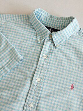 RALPH LAUREN Men's XXL Short Sleeve Gingham Button Down Shirt Pink Pony Aqua